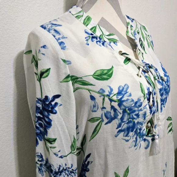 Show Me Your Mumu Floral Tunic Thatcher Tie Top White Blue Wisteria Print Small - Picture 4 of 12